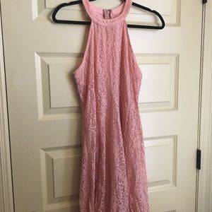 Pink lace high neck dress.